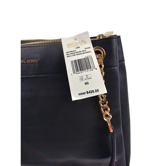 Gorgeous NWT Michael Kors‎ Lori Medium Black Tote Bag Brass Chain & Faux Leather - Picture 9 of 14